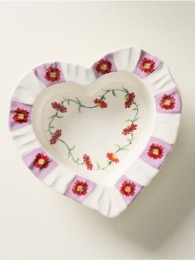 Anthropologie Floral Heart Shaped Ramekin Trinket Bowl or Dice Holder Stoneware